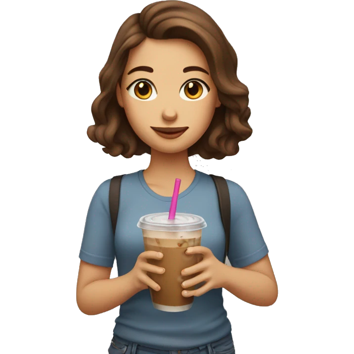 A girl with brown hair drinks iced coffee  emoji