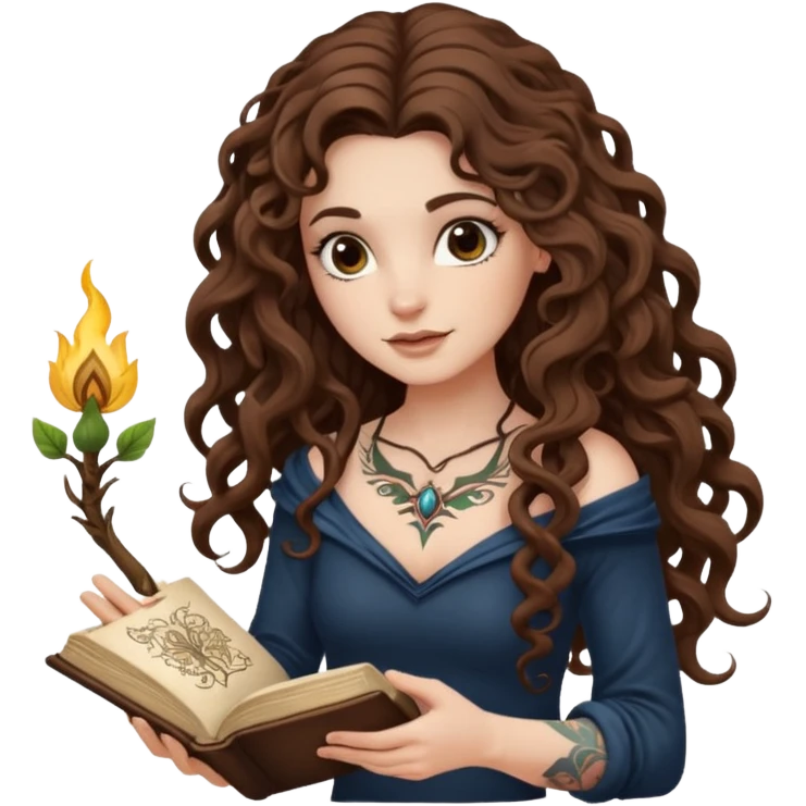 woman with long curly brown hair, brown eyes, white skin, tattoos, reading a spellbook that grows roots instead of pages emoji