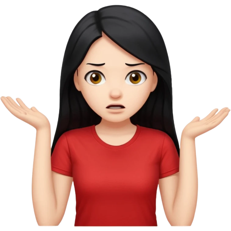 빨간색 티셔츠를 입고 긴 검정머리를 가진 여성이 모르겠다는 듯이 어깨를 올리고 고개를 살짝 틀고있는 제스처를 하고있음 🤷🏻‍♀️ emoji