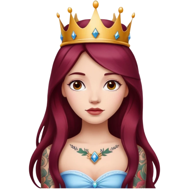 Beautiful tattooed long burgundy haired girl wearing a princess crown emoji