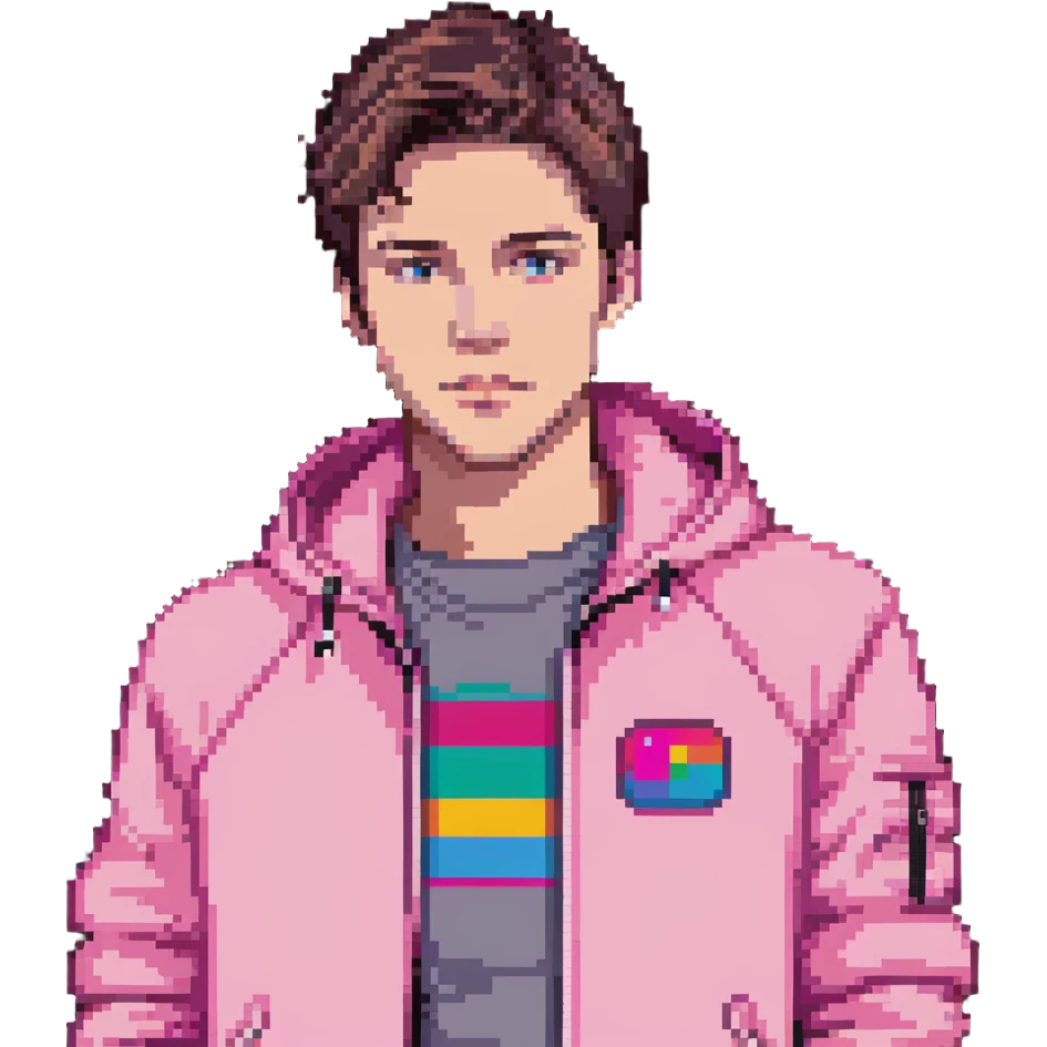 Garett Garrison from Minecraft movie wearing a pink jacket emoji