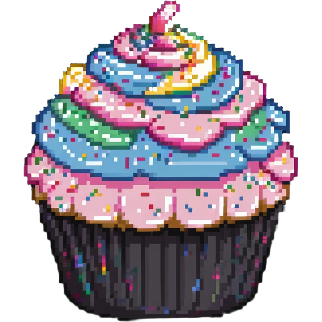 large cupcake with pink frosting and rainbow sprinkles in pixel art style emoji