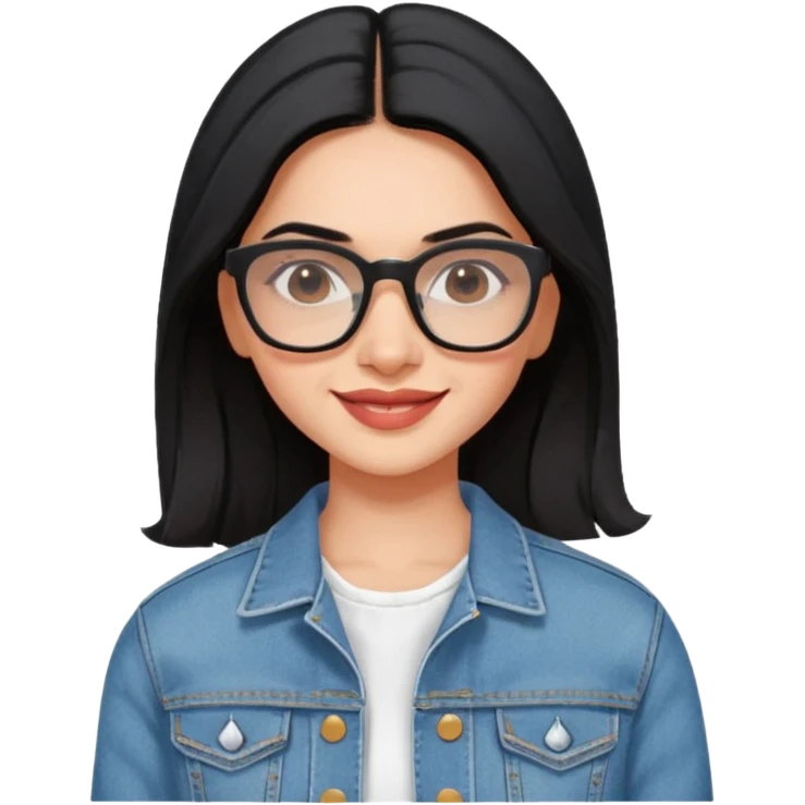 generate a pretty bratz emoji 
Make her wear a white dress with a denim jacket over it. black hair side part 

She should look exactly  like Deepika padukone. wearing rectangular spectacle, smiling emoji