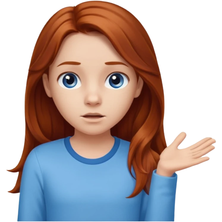 shrugging emoji tween long auburn hair light blue shirt with a darker blue L emoji