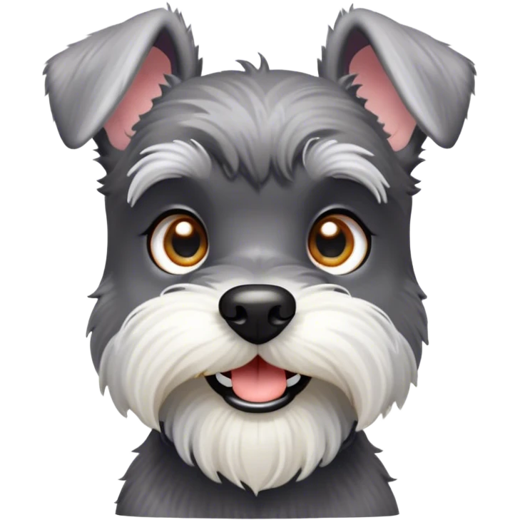 Cinematic Cute Miniature Schnauzer Portrait Emoji, Head cheerfully cocked with expressive, twinkling eyes and a neatly trimmed, adorable salt-and-pepper fur, simplified yet endearingly detailed, glowing with a bright, friendly radiance, high shine, exuding smart and spunky charm, styled with a delicate, whimsical outline, capturing the essence of a cute Miniature Schnauzer that appears ready to scamper off the screen with delightful energy! emoji