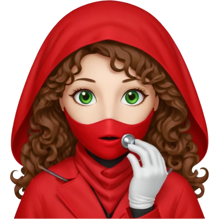 Lilith symbol sexy evil woman. She has green eyes.  had brown long curly hair.  evil surgeon kills with scalpel wears red sexy doctor coat with red mouth cover red gloves. Covers nose, neck  and mouth with Muslim red berka emoji