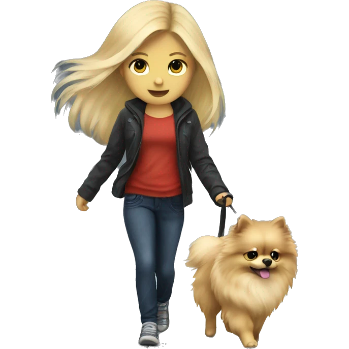 Blonde girl walking pomeranian under the storm emoji