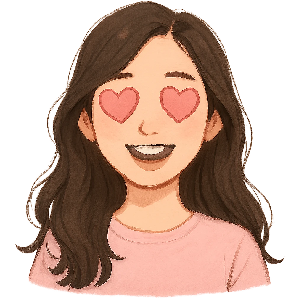 A white Barbie girl with long dark brown wavy hair in pale pink clothes have pale pink hearts instead of eyes emoji