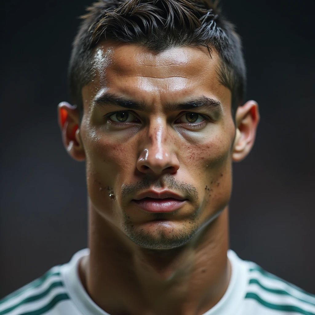 realistic portrait of a football player inspired by Cristiano Ronaldo, close-up, intense expression, photorealistic style emoji