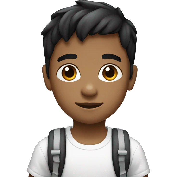 kindergarten brown boy with black hair and brown eyes with white t-shirt and blue backpack emoji