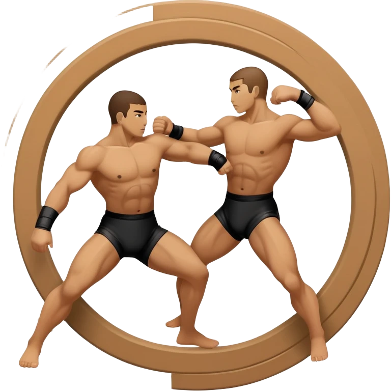 An icon symbolizing wrestling martial arts, featuring two stylized figures locked in a dynamic grappling pose. The background shows abstract elements representing strength and technique, with a circular design to represent unity and focus. Transparent background emoji