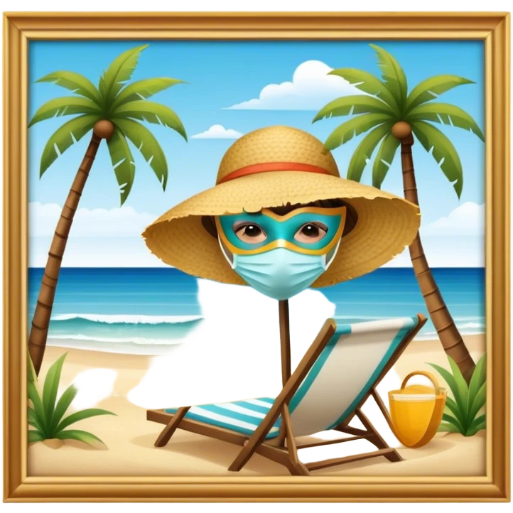 frameless Icon for Beach Tourism: a serene beach scene with palm trees, a sun hat, a mask with tube, and the ocean in the background. The icon should capture the relaxing atmosphere of a beach vacation. Transparent background. emoji