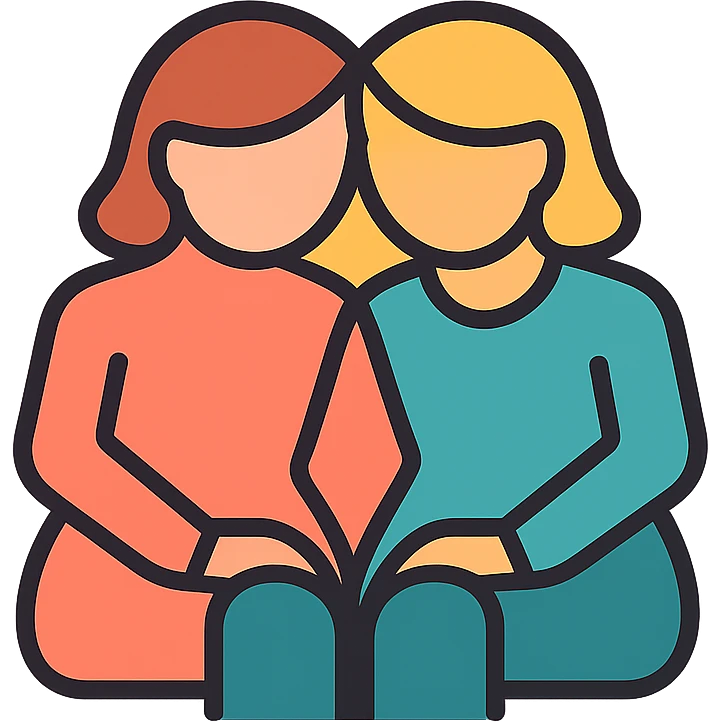 Add soft color accents to the icon of two women sitting together, heads touching, maintain minimal lines and transparent background. emoji