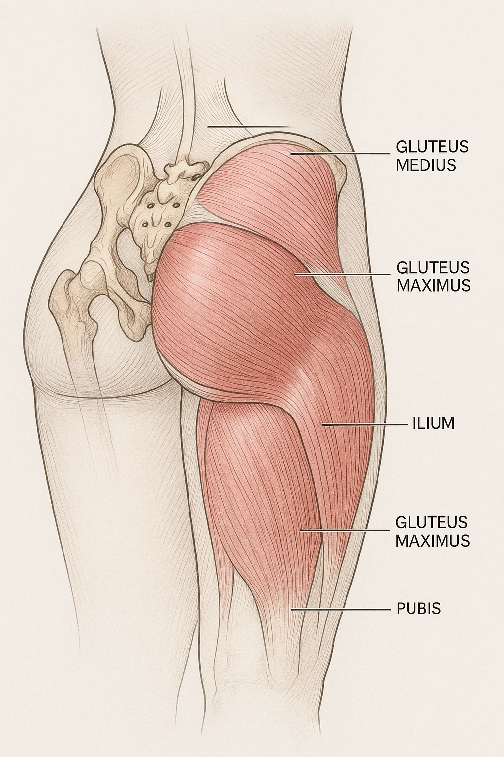 Anatomical view of the female gluteus with highlighted muscles and pelvic bones inspired by the reference photo. Render in a detailed medical style with a neutral background. emoji