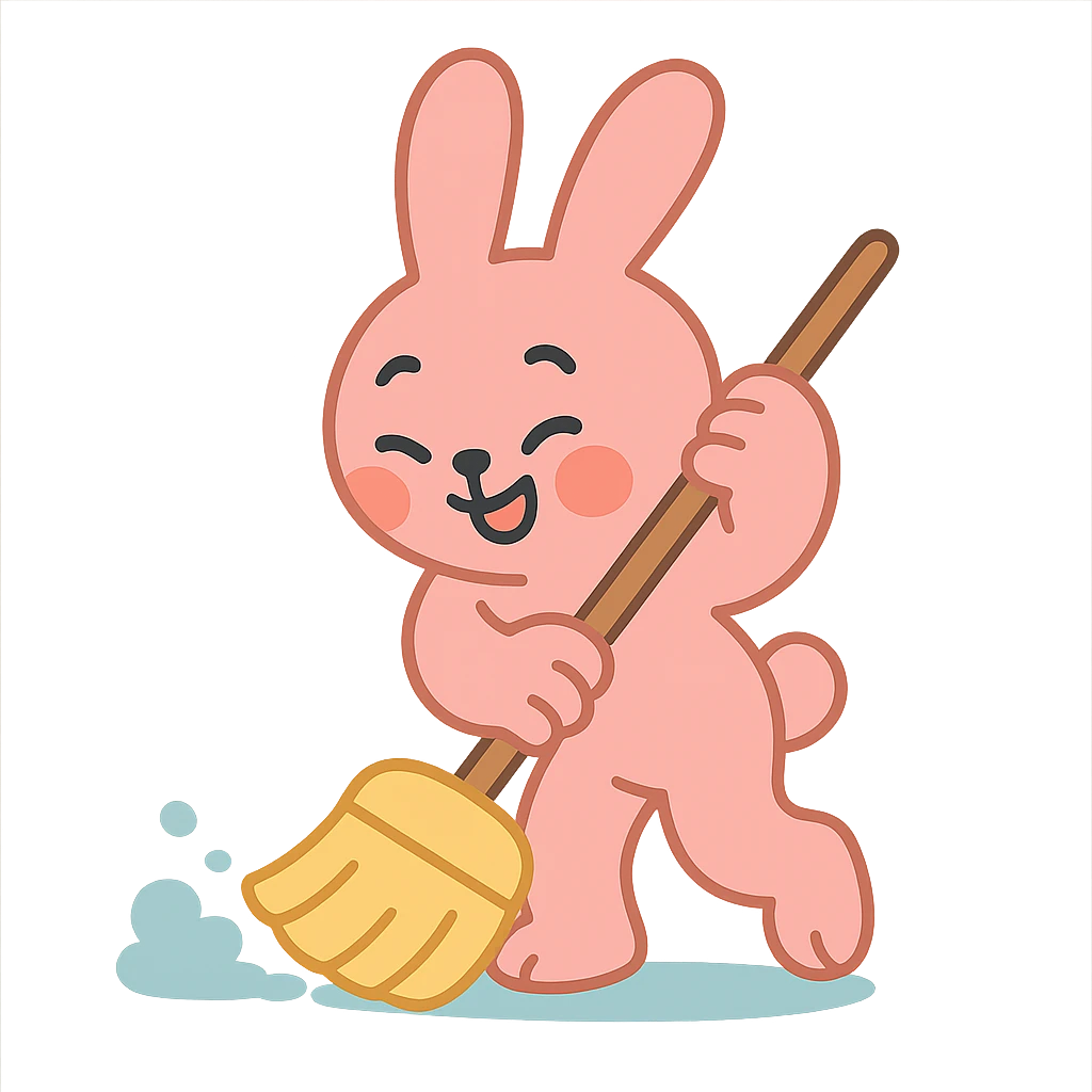 rosy bunny sweeping floor with broom, pastel-toon style emoji