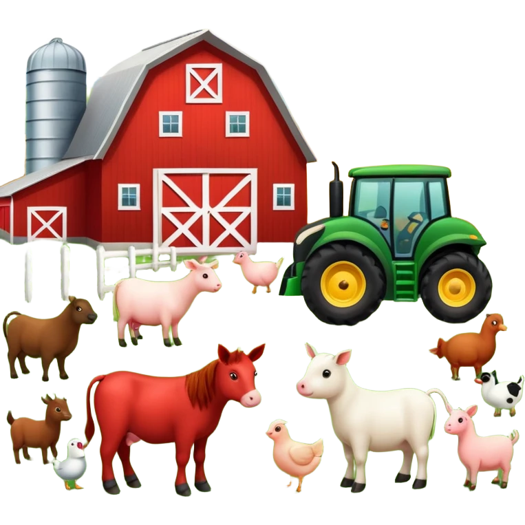 farm scene with barn, tractor, and animals emoji