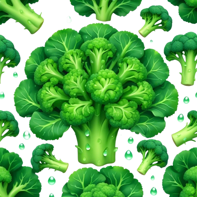 Cinematic lush green broccoli, detailed florets glistening with dewdrops, ultra-fresh and vibrant, soft glowing background, healthy and delicious. emoji