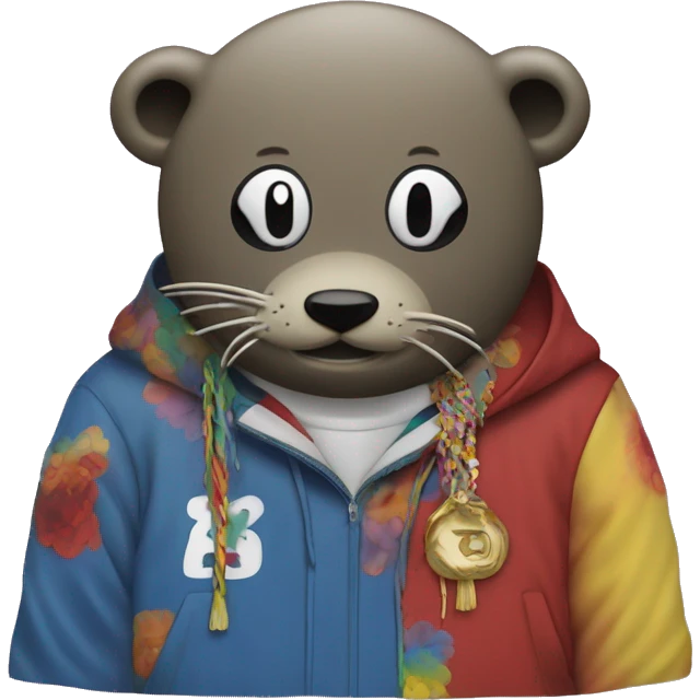 A seal that’s getting dragged by the Kanye graduation bear by takashi murakami emoji