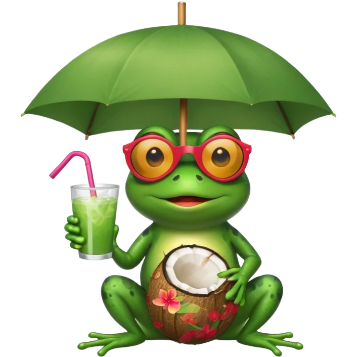 Frog with a coconut drink with a umbrella in it, in the frogs hand with sunglasses emoji