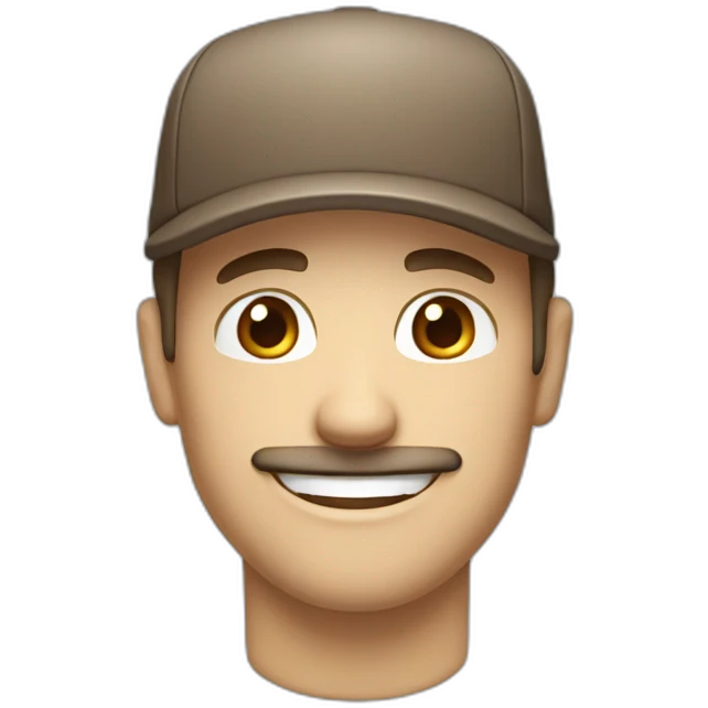 White Men in a cap with brown hair with big smile blue eyes and mustache  emoji
