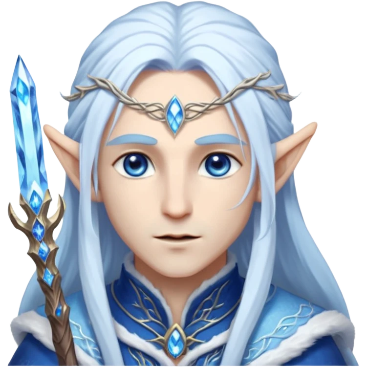 Legendary fantasy Christmas elf portrait icon, Santa Claus and Snow Maiden inspired, ancient winter spirit style, long flowing white-blue hair, glowing frost eyes, crystal staff, elegant elven features, divine winter magic aura, icy silver color palette, highly detailed but clean emoji icon male emoji