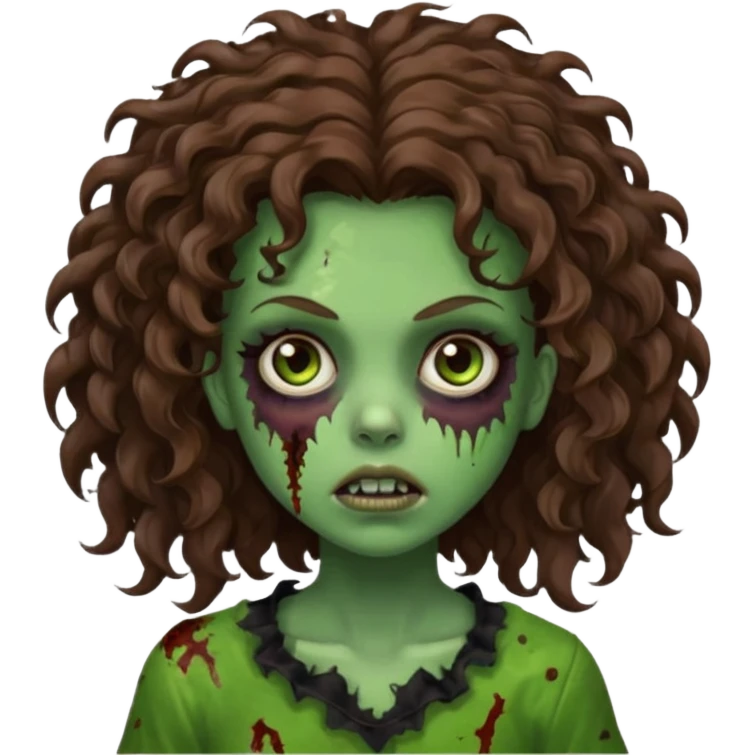 Faça uma garota zombie de cabelo cacheado castanho, olhos castanhos escuro e pele verde d zombie, com o cabelo grande emoji
