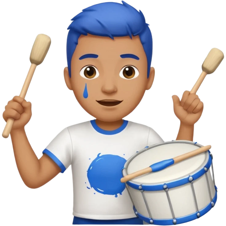 A loud fan, simple tee shirt with paint on his cheeks with a marching drum, beating it with enthusiasm emoji