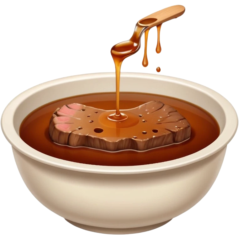 beef stock in a white bowl, clear brown liquid, no herbs or bones, emoji style emoji