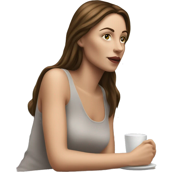 Side view realistic posh brown straight haired pale woman sits at the coffee table emoji