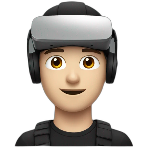 A white 19 year old guy, in a beanie, wearing a VR headset, in a black outfit with dark red accents emoji