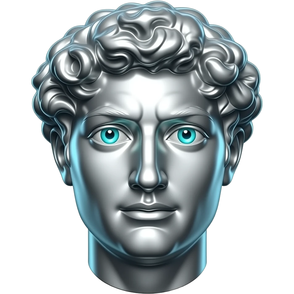 "A glasy/chrome stoic Greek statue head, front-facing, serious focused expression, subtile smile, glowing cyan (#00D4B1) eyes, dark background. Chrome reflections, subtle cyan light accents. Clean, no background, emoji style, high detail. The statue represents discipline, focus, self-mastery." emoji