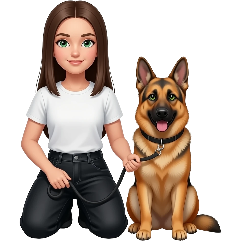 Сделай худую девочку брюнетку прямые длинные волосы темно зеленые глаза в белой футболке она не должна быть длинно и заправленнойв оверсайз черных штанах в руках у нее рыжий кок со светло зелеными глазами и еще у нее в руке поводок черный от немецкой овчарки и ета собака коло девочки emoji