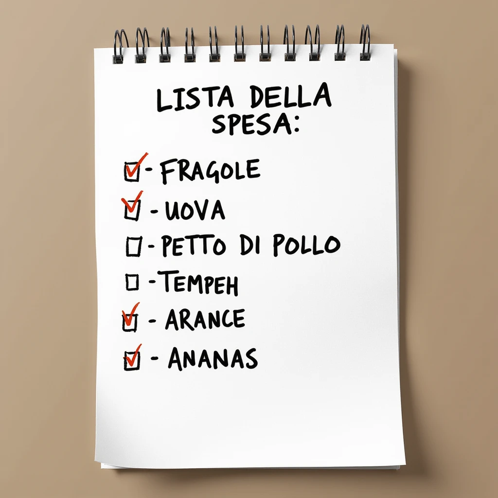 top view of a sheet of paper with handwritten shopping list in pen: 'LISTA DELLA SPESA: - FRAGOLE - UOVA - PETTO DI POLLO - Tempeh - ARANCE - ANANAS', with check marks on purchased items, hyperrealistic 4K, no background emoji
