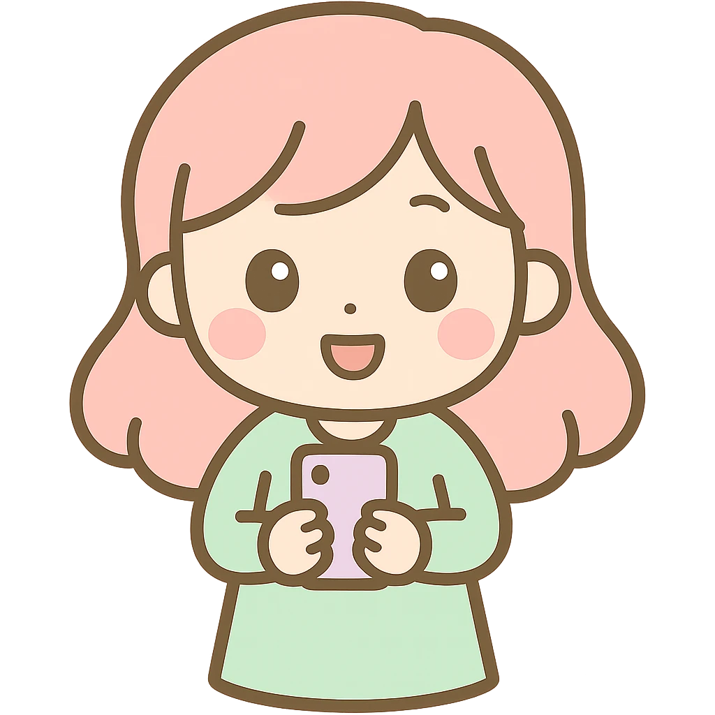 Edit the image to make the woman hold a phone and smile, keeping the kawaii chibi anime style with flat pastel colors, thick outlines, and simple cute features. Use a transparent background. emoji