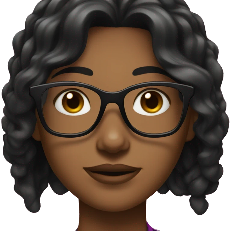 Girl with long wavey black hair and brown skin and brown eyes with black glasses trimmed in fuschia emoji
