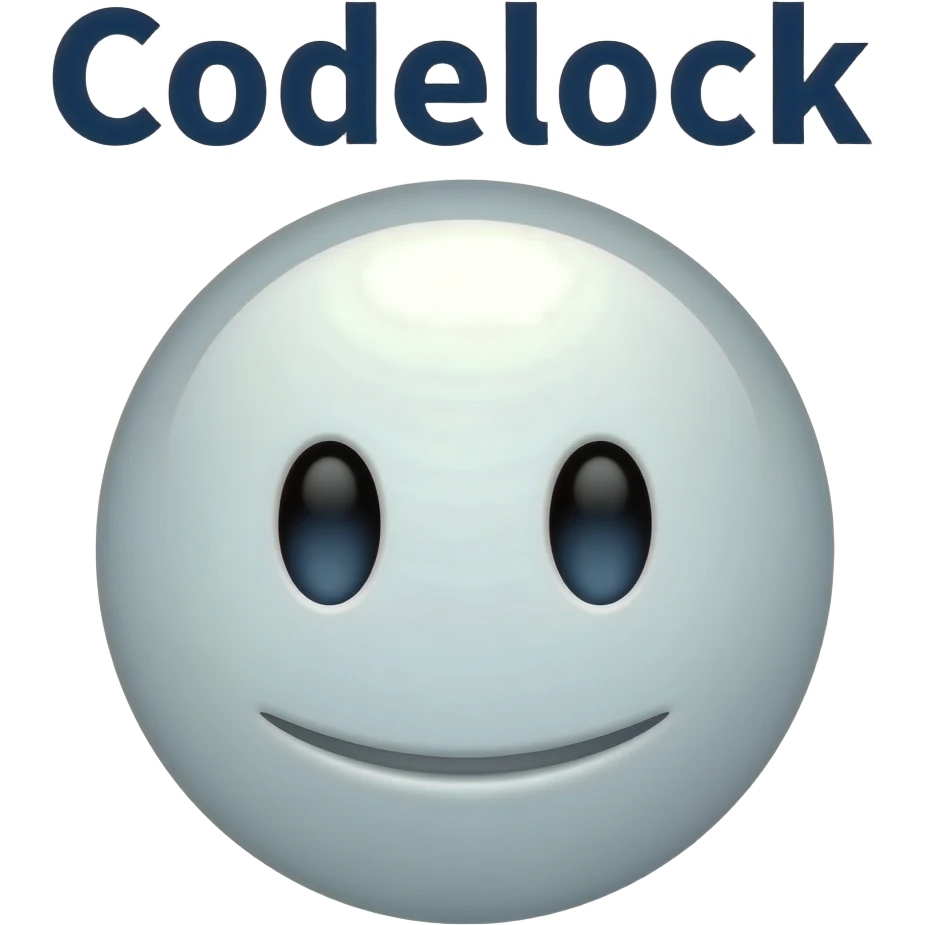 A white emoji face, with a calm, calculated, smirk. Codelock in Bold Lettering above Face.a Code pad in the Bottom Corner. Subtle Hockey Related, Team Owner Of Sudbury Wolves emoji