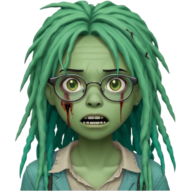 One young female green-skinned, zombie with glasses, with ombre black roots & teal tips long dreadlocks and a side bang of her locs that fall over the left eye and a worried expression like with the mouth open, teeth showing, and the jaw uneven. with a small wound near its mouth. emoji
