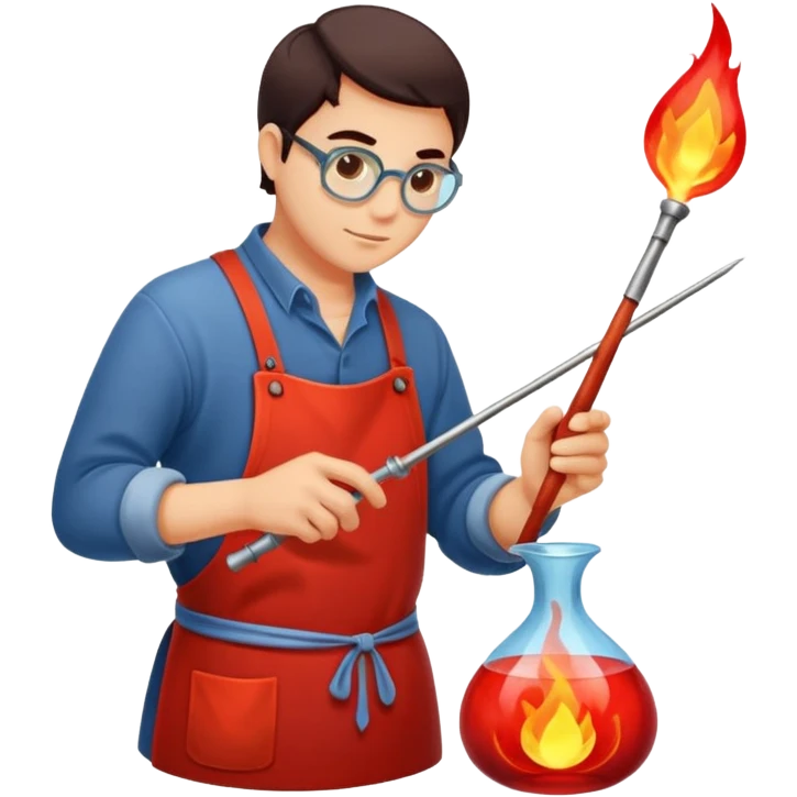 Glassblowing and casting icon, artisan shaping molten glass with a blowpipe, glass being poured into a mold, glowing red-hot glass, delicate patterns, minimalistic style, clean lines, transparent background. emoji