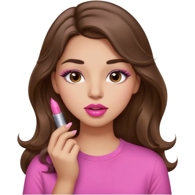 girl with long wavy brown hair, brown eyes, light to medium complexion, in a pink shirt, pink lips, long lashes, puckered lips, putting on lipstick emoji
