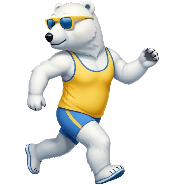 friendly anthropomorphised polar bear jogging upright, wearing blue and yellow athletic outfit and dark sunglasses emoji