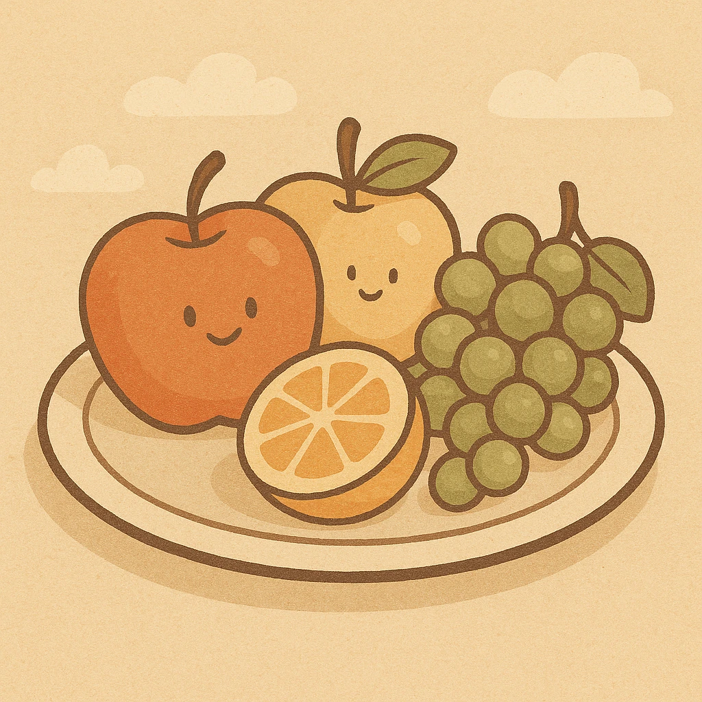 a plate with assorted fruits, including apples, oranges, and grapes, in flat warm colors illustration style emoji
