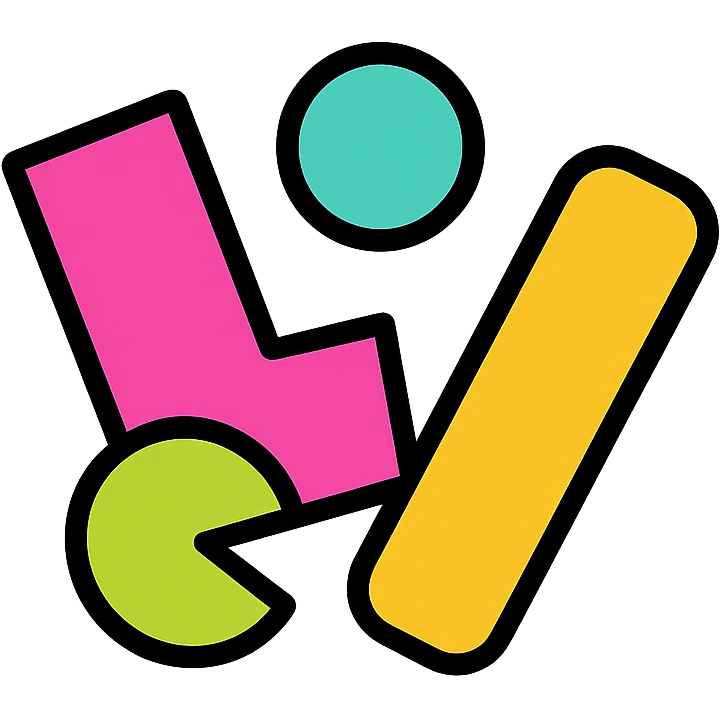 abstract, minimalist logo for Unhinge app, features bold, misaligned geometric elements with a sense of movement and playful energy, tech-forward, expressive color palette blending neon and pastel tones, no hearts or handshakes, suitable for app icon and favicon emoji