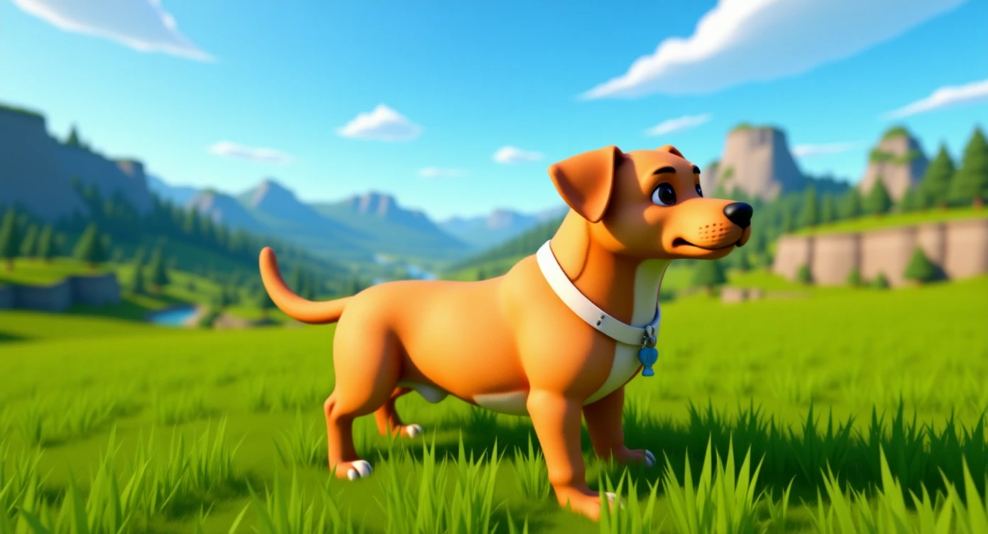 Cinematic still of a dog in fortnite game world emoji