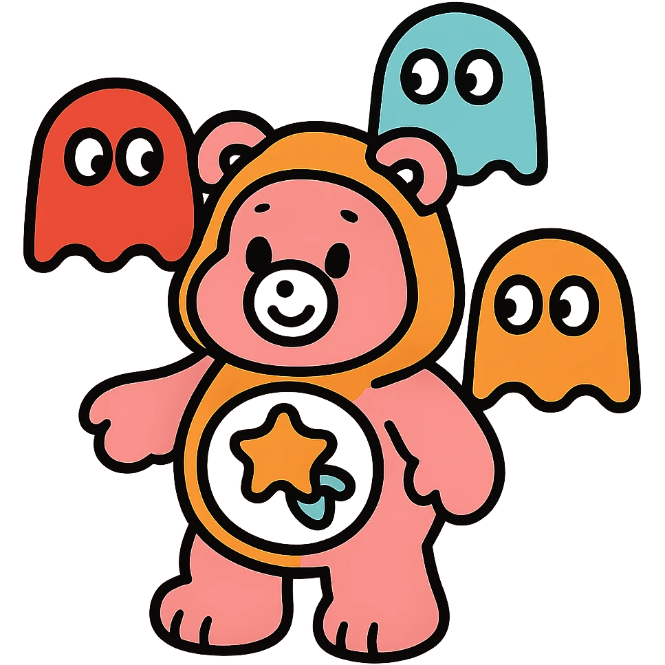 Care Bears dressed as characters from 80's sci-fi movies with Pacman ghosts emoji
