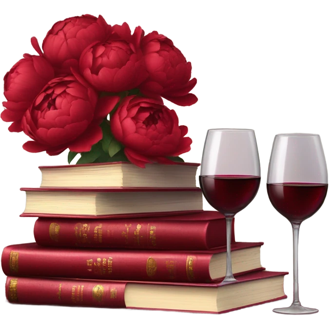 A crimson stack of books with deep red peonies and a glass of red wine emoji