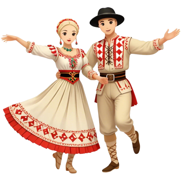 Cinematic Realistic scene of two performers engaging in the Croatian Linđo folk dance, adorned in vibrant traditional costumes with intricate patterns and accessories, captured in graceful, synchronized motion under festive natural lighting. emoji