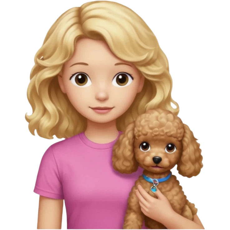 hazme un emoji que sea una niña rubi con el pelo ondulado i una camiseta rosa que ponga brownie, i acariciando a un perro (caniche toy) si pero con el pelo mas largo i no tan rubia emoji