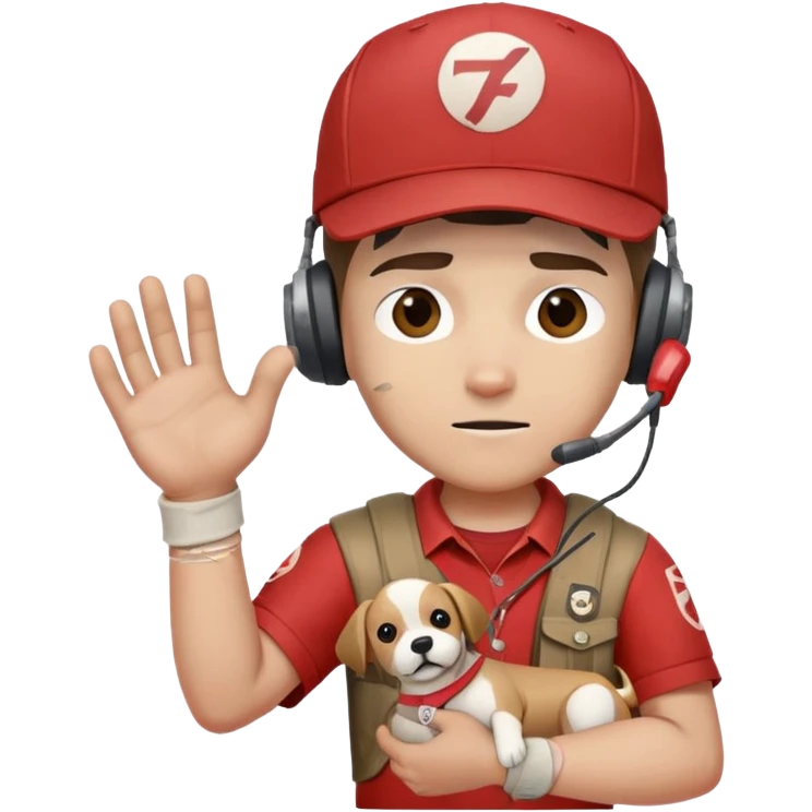 Team Fortress 2 Scout with red shirt, headset, baseball cap, dog tags, and bandages on hands emoji