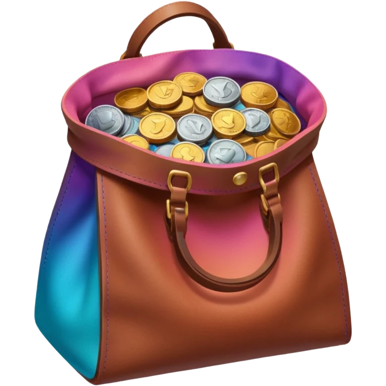 coins  inside a brown leather bag Coins color -in gradient of turquoise, blue, pink, purple, and coral emoji
