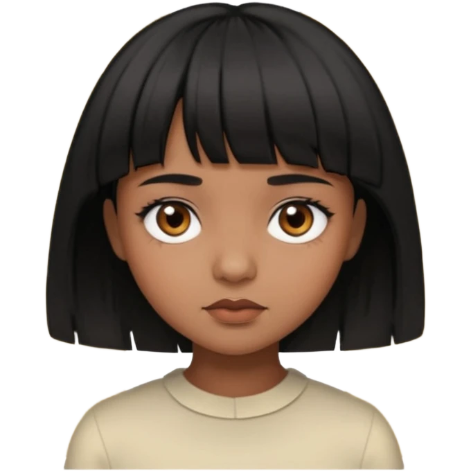 Girl that has a short black hime cut with curtain bangs, then dark brown eyes, and has a bit brown skin emoji